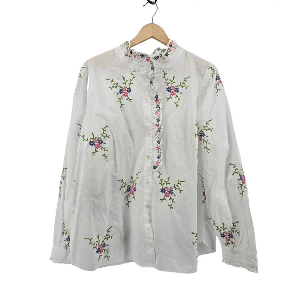 Talbots Blouse Womens XL White Floral Embroidered Ruffle Button Up Cotton